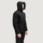 Exton Black Hooded Down Puffer Jacket - Lateral Side Profile View Showing Sleeve Cut &amp; Athletic Taper Fit