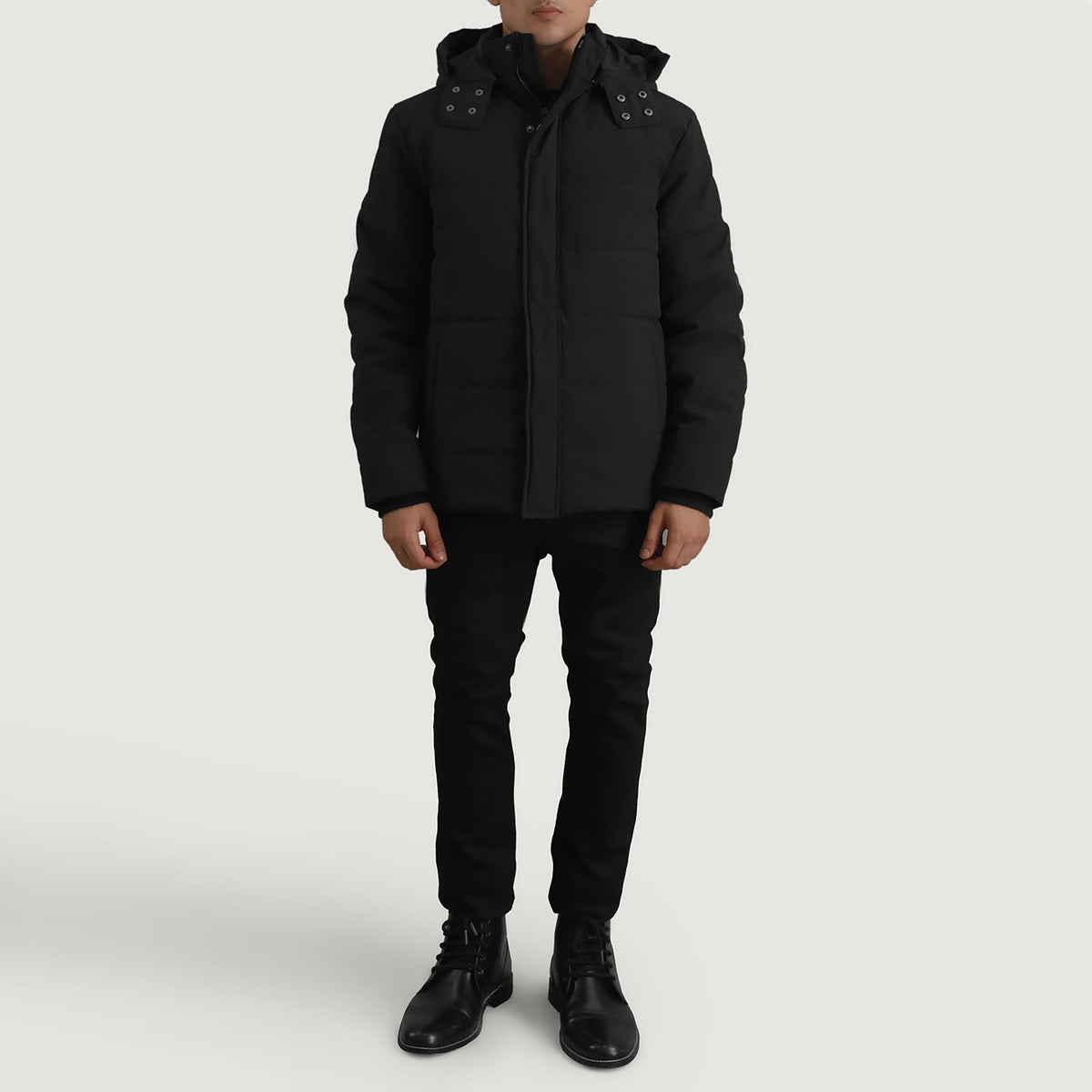 Close-Up Detail of Classic Collar &amp; Zipper With Placket. Hardware on Exton Black Hooded Down Puffer Jacket