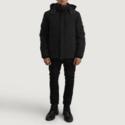 Close-Up Detail of Classic Collar &amp; Zipper With Placket. Hardware on Exton Black Hooded Down Puffer Jacket