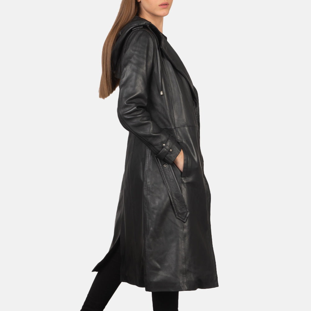 Black Sheepskin Leather Trench Coat - Back View Showing Tailored Shoulder Fit & Clean Hemline