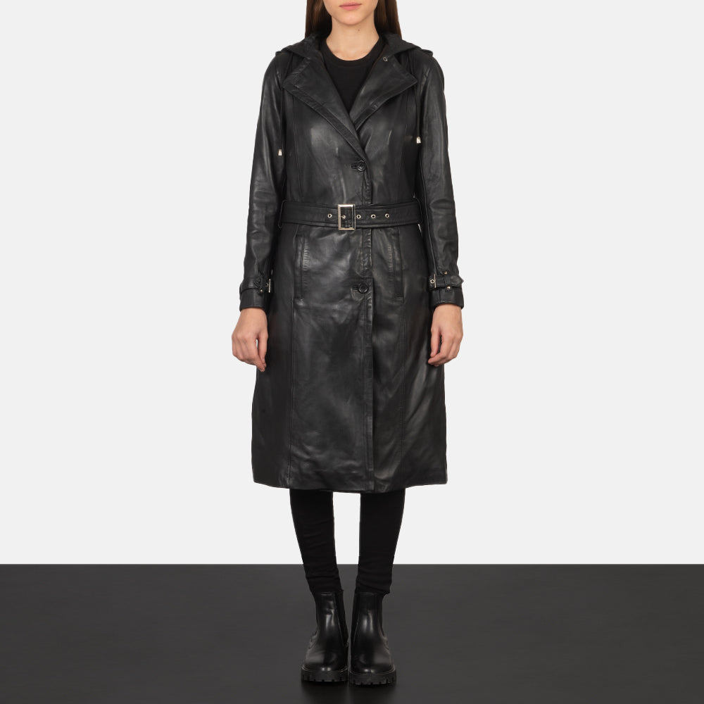 Women's Fixon Hooded Black Trench Coat - Lateral Side Profile View Showing Sleeve Cut & Athletic Taper Fit