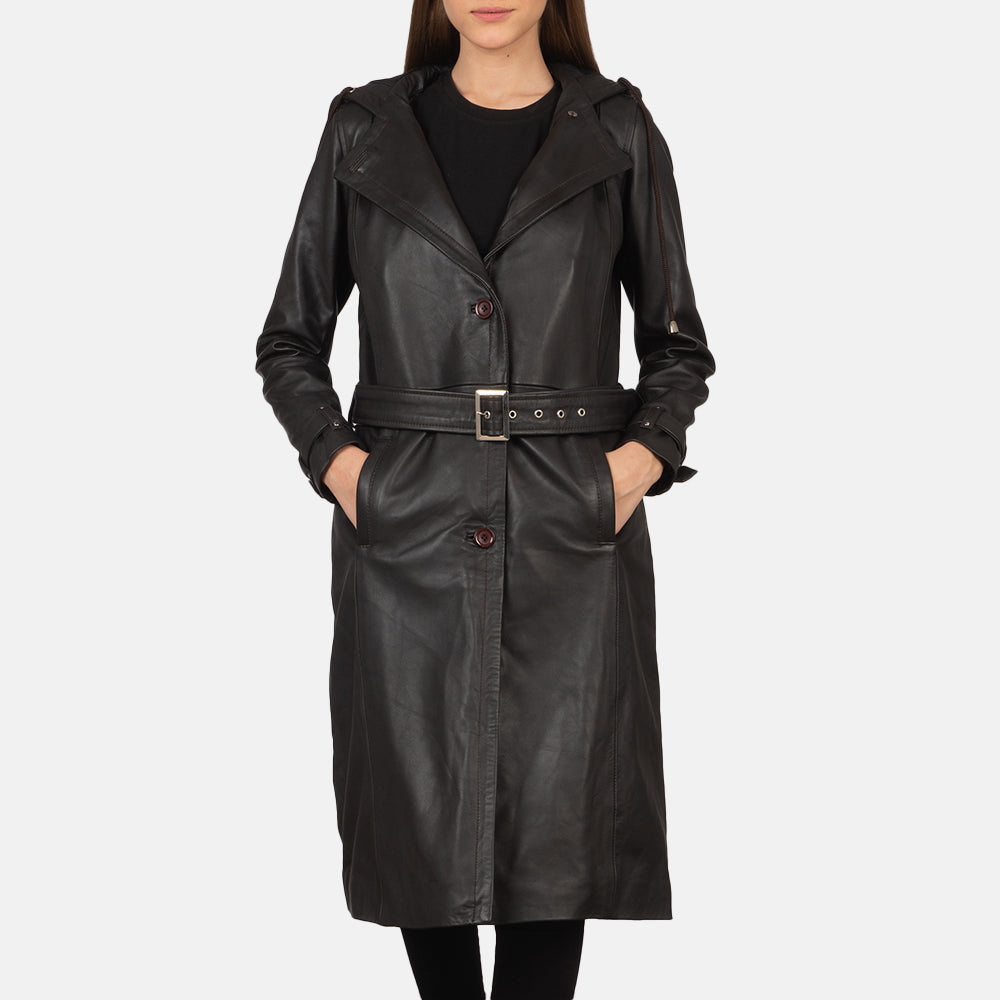 Women's Fixon Hooded Brown Trench Coat in Brown Sheepskin Leather - Front Profile View &amp; Tailored Silhouette | Buy Online
