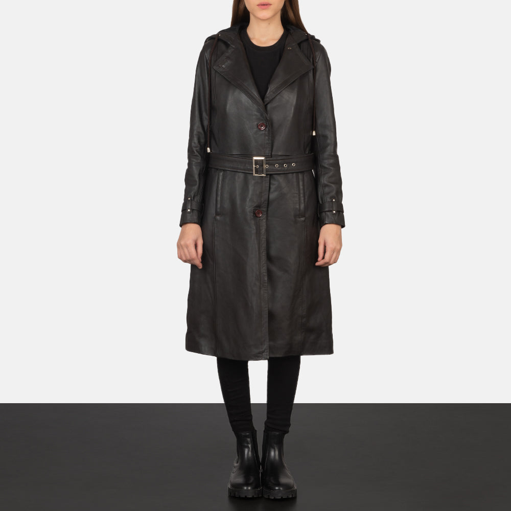 Women's Fixon Hooded Brown Trench Coat - Lateral Side Profile View Showing Sleeve Cut &amp; Athletic Taper Fit