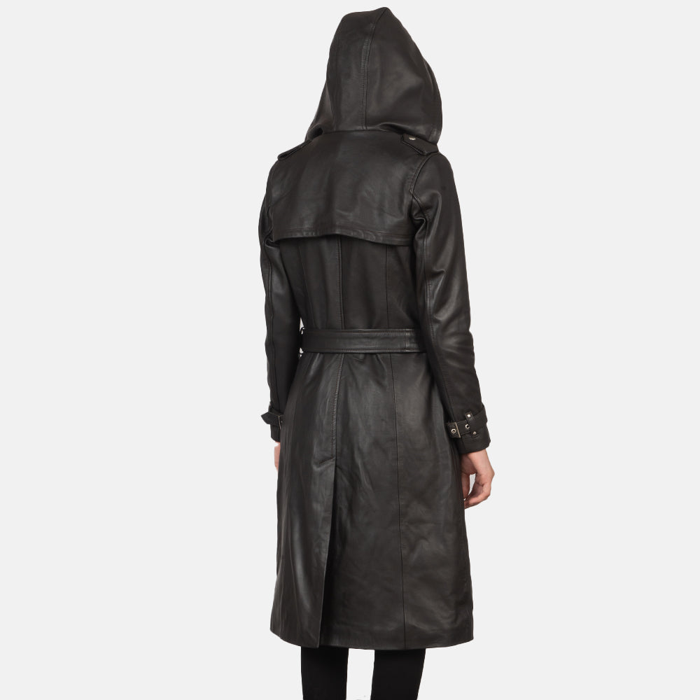Close-Up Detail of Hooded &amp; Button + Belt Hardware on Women's Fixon Hooded Brown Trench Coat