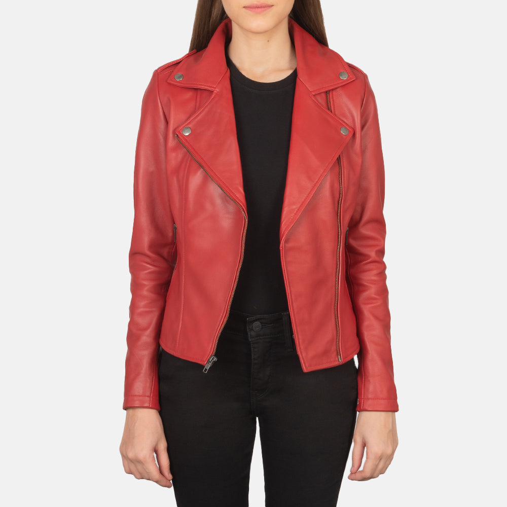 Women's Flashback Red Leather Biker Jacket - Lateral Side Profile View Showing Sleeve Cut &amp; Athletic Taper Fit