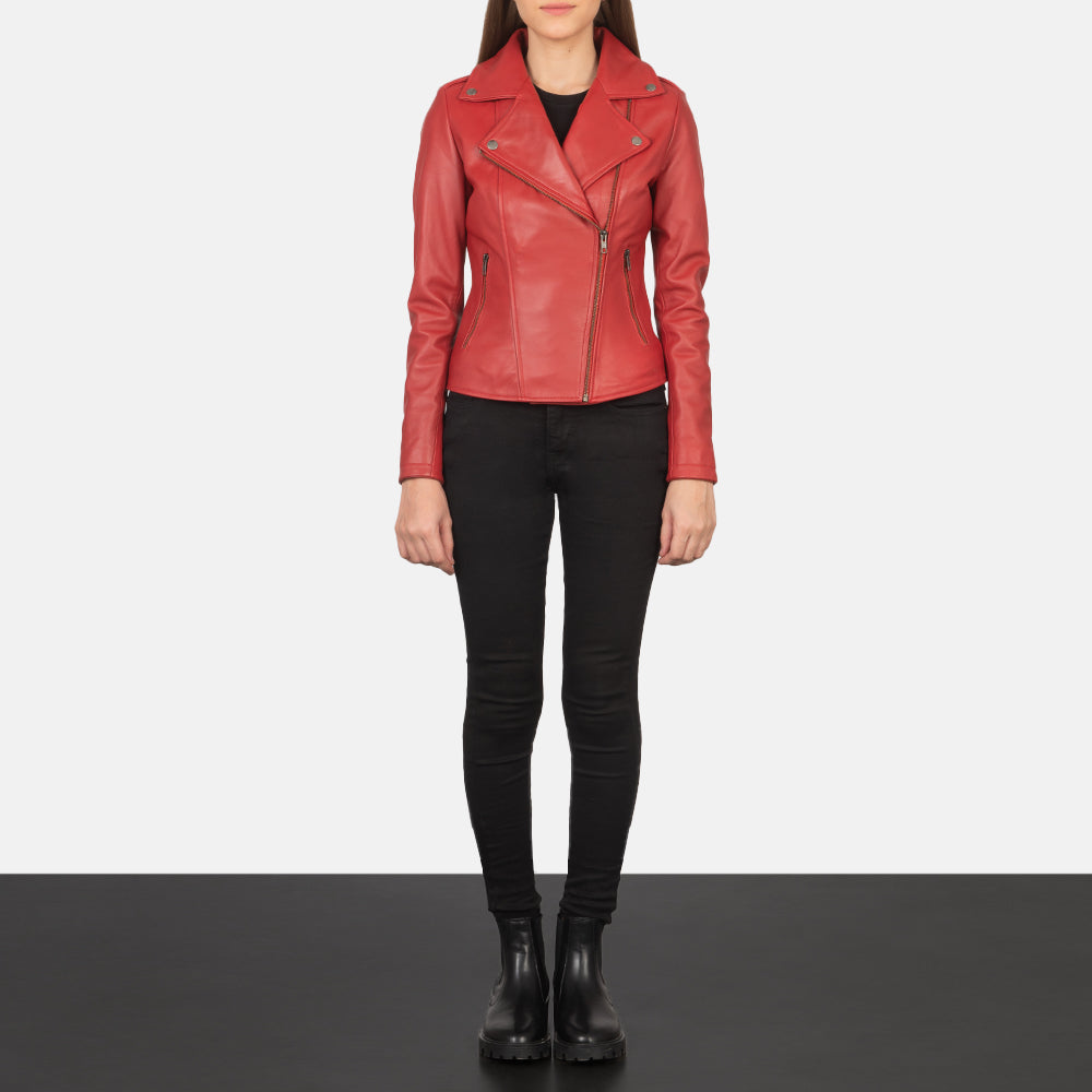 Close-Up Detail of Notch &amp; Zipper Hardware on Women's Flashback Red Leather Biker Jacket
