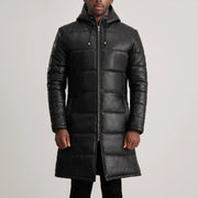 
Close-Up Detail of Hooded & Zipper Hardware on Floyd Tan Hooded Leather Puffer Coat