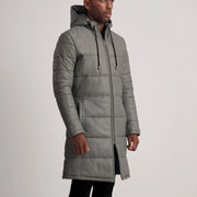 
Styled Fit Perspective of Floyd Tan Hooded Leather Puffer Coat on Model - Natural Daylight Drape