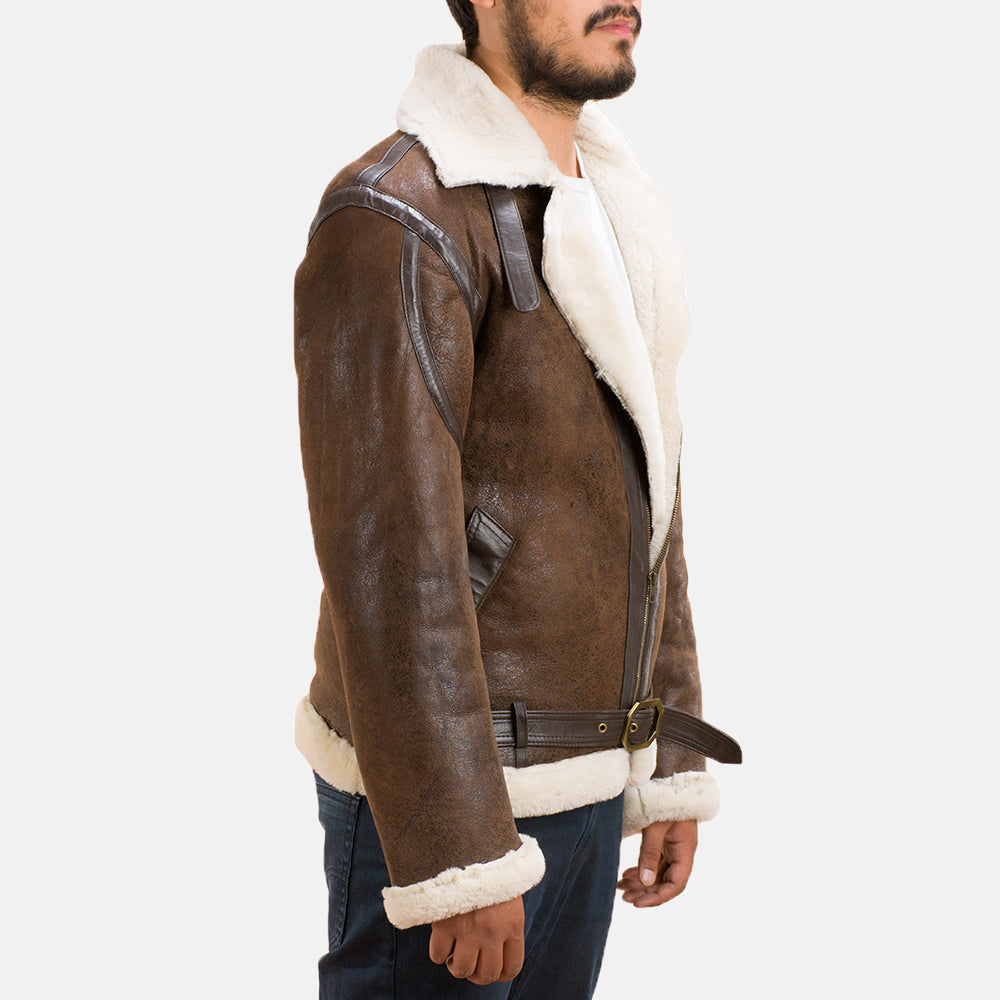 Close-Up Detail of Notch & Zipper with Waist belt Hardware on Men's Forest Double Face Shearling Jacket