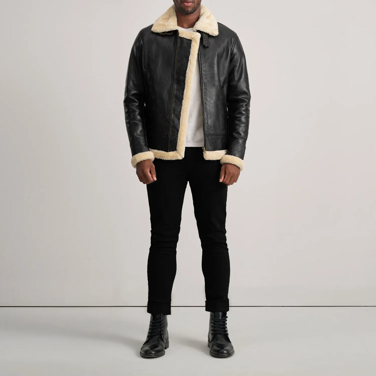 Men's Francis B-3 Black Leather Bomber Jacket - Lateral Side Profile View Showing Sleeve Cut &amp; Athletic Taper Fit