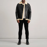 Men's Francis B-3 Black Leather Bomber Jacket - Lateral Side Profile View Showing Sleeve Cut &amp; Athletic Taper Fit