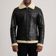 Close-Up Detail of Buckled Collar &amp; Zipper Hardware on Men's Francis B-3 Black Leather Bomber Jacket