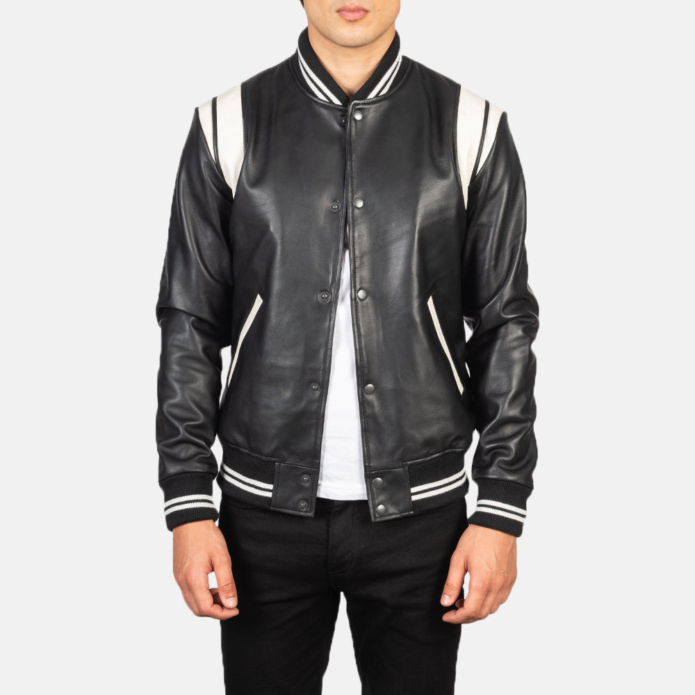 
Men's Dantee Black Leather Varsity Jacket in Black & White Sheepskin Leather - Front Profile View & Tailored Silhouette | Buy Online