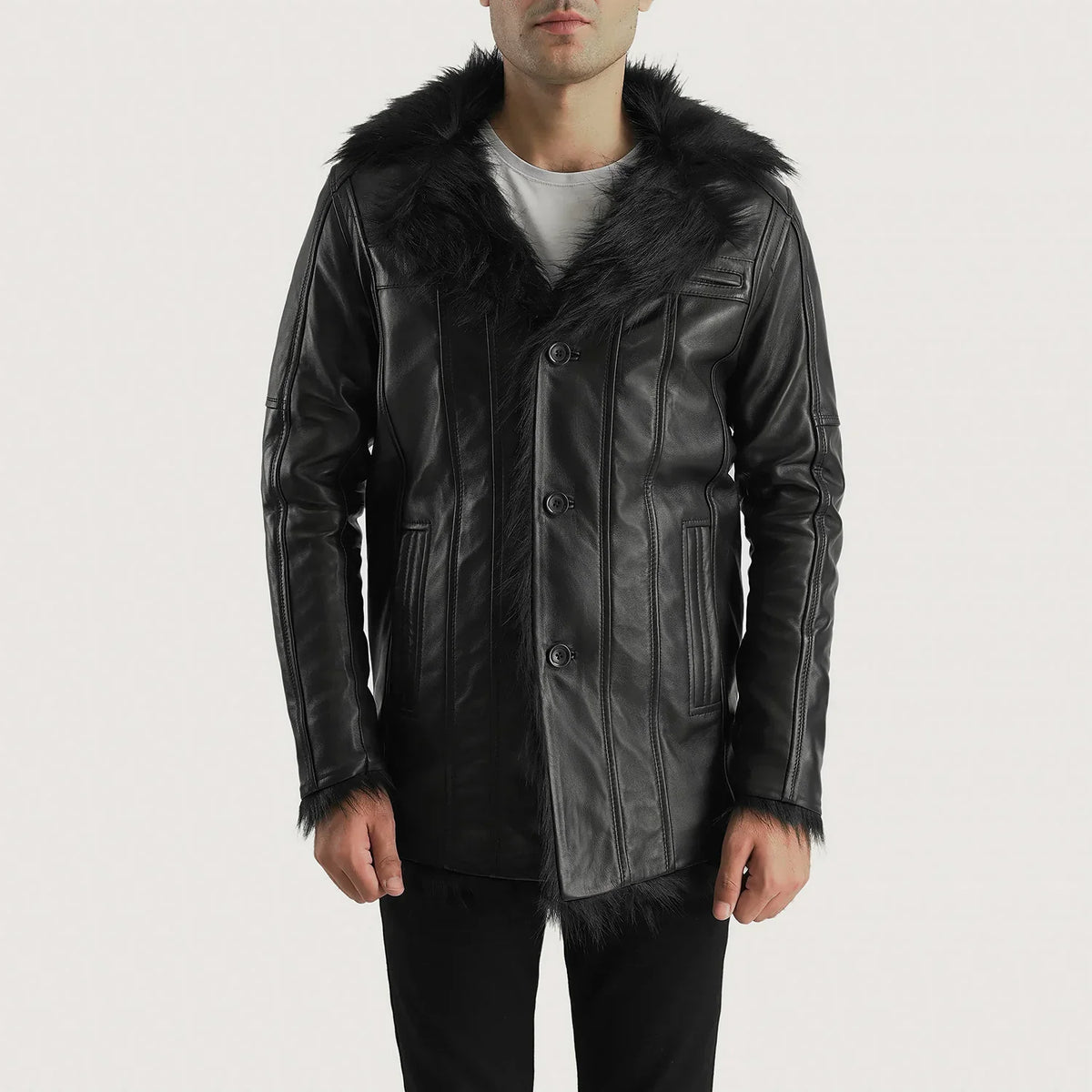 Men's Furcliff Black Leather Coat in Black Sheepskin Leather - Front Profile View &amp; Tailored Silhouette | Buy Online