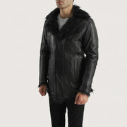 Black Sheepskin Leather Aviator Jacket - Back View Showing Tailored Shoulder Fit &amp; Clean Hemline