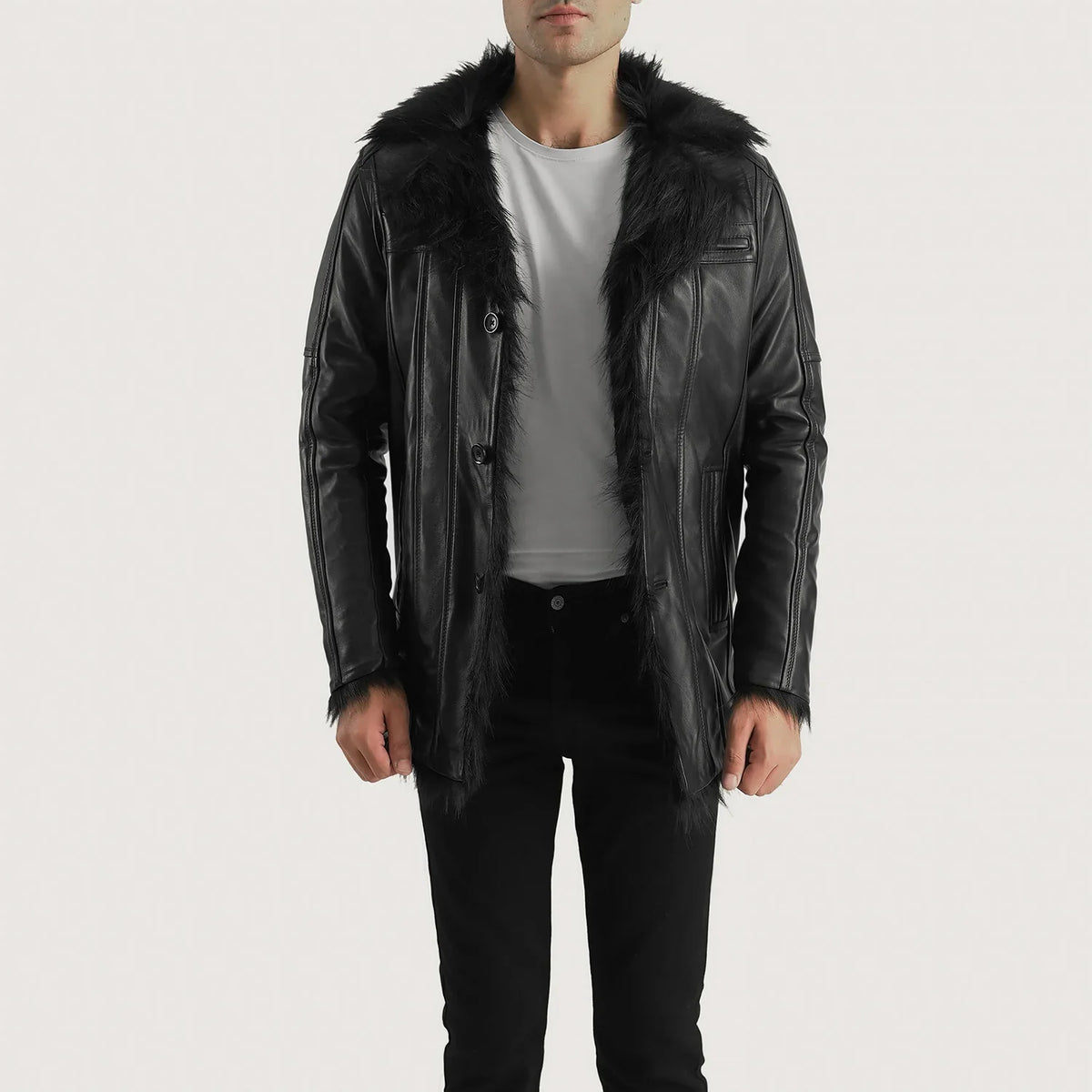 Men's Furcliff Black Leather Coat - Lateral Side Profile View Showing Sleeve Cut &amp; Athletic Taper Fit