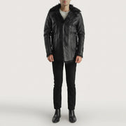 Close-Up Detail of Notch &amp; Button Hardware on Men's Furcliff Black Leather Coat