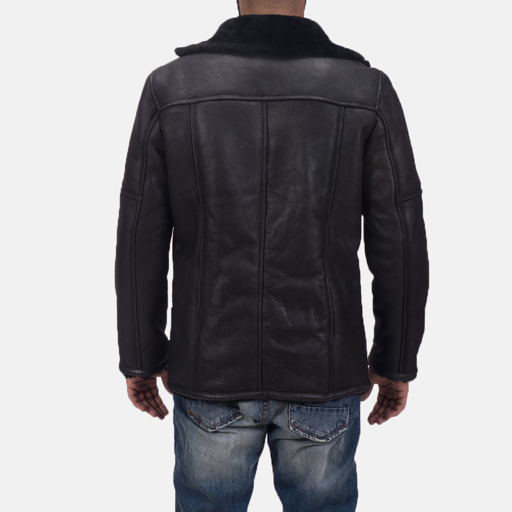 Close-Up Detail of Notch &amp; Button Hardware on Men's Furcliff Double Face Shearling Leather Coat