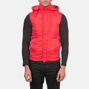 
Close-Up Detail of Band with Removable Hood & Zipper with dual puller and wind flap Hardware on Men's Fuston Red Hooded Puffer Vest