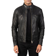 Men's Gatsby Quilted Black Leather Biker Jacket in Black Goatskin Leather - Front Profile View &amp; Tailored Silhouette | Buy Online