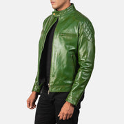 Green Sheepskin Burnishing Biker Jacket - Back View Showing Tailored Shoulder Fit &amp; Clean Hemline
