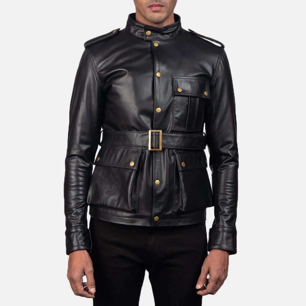 Germain Black Leather Jacket in Black Cowhide Leather - Front Profile View &amp; Tailored Silhouette | Buy Online