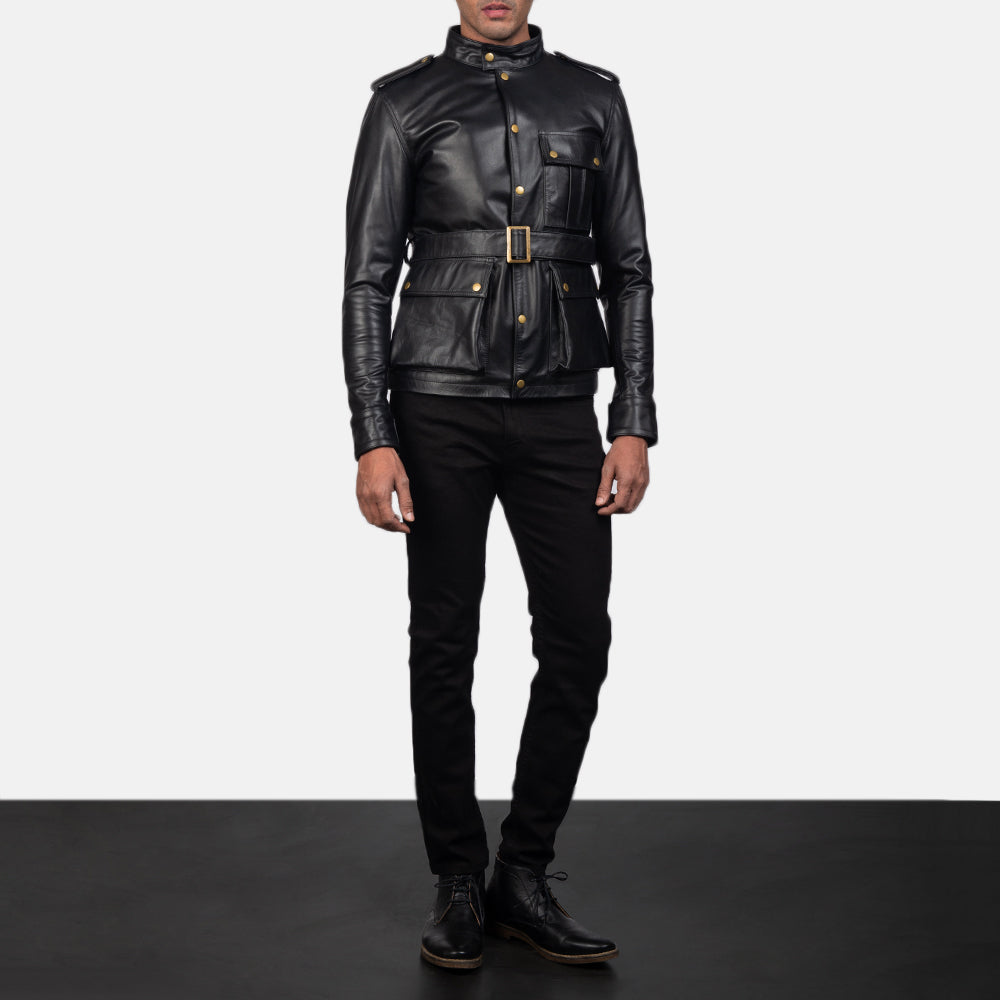 Close-Up Detail of Band with snap button &amp; Snap Button Hardware on Germain Black Leather Jacket