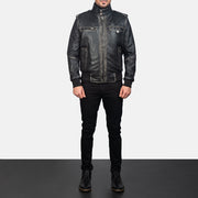 Close-Up Detail of High neck &amp; Zipper Hardware on Glen Street Black Leather Bomber Jacket