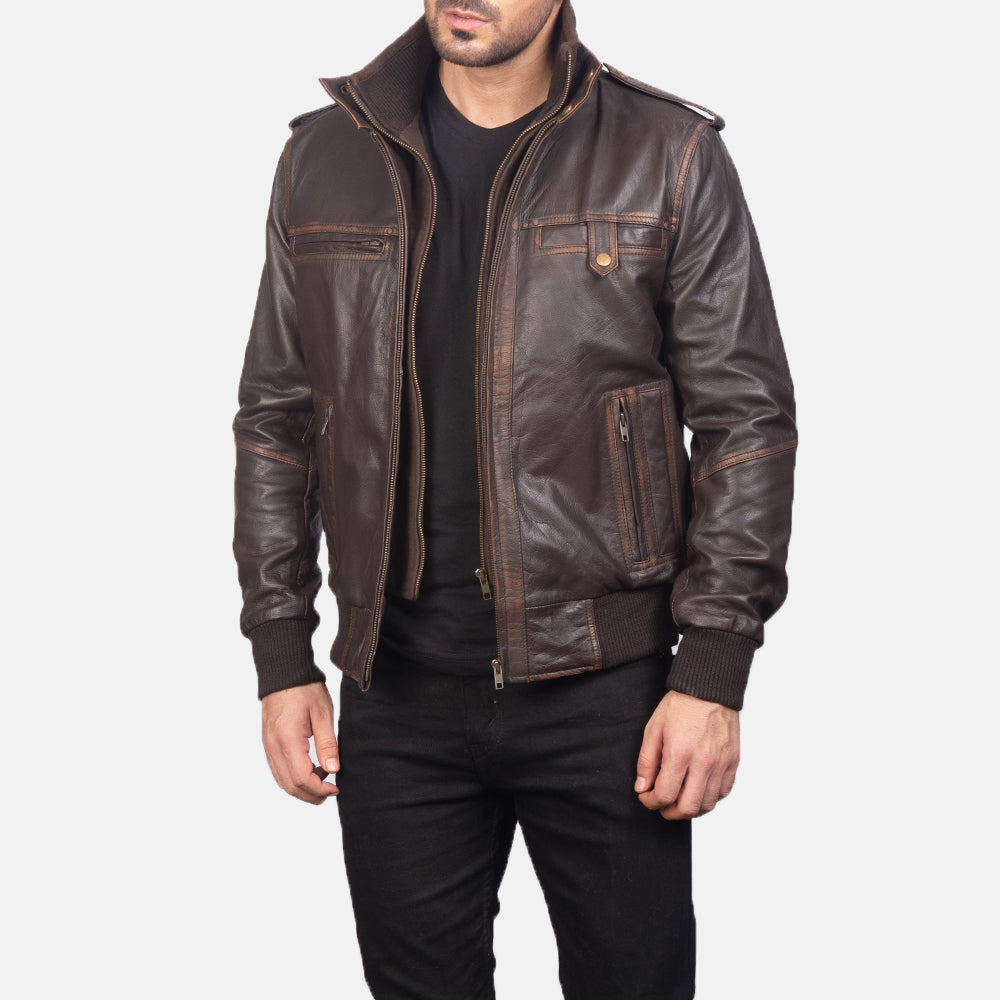 
Men's Street Brown Leather Bomber Jacket in Brown Goatskin Leather - Front Profile View & Tailored Silhouette | Buy Online
