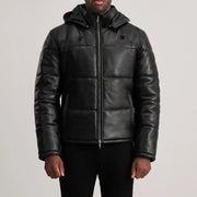
Close-Up Detail of High neck & Zipper Hardware on Gordon Tan Hooded Leather Puffer Jacket