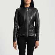 
Women's Haley Ray Black Leather Biker Jacket in Black Sheepskin Leather - Front Profile View & Tailored Silhouette | Buy Online