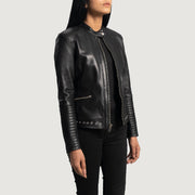 
Women's Haley Ray Black Leather Biker Jacket - Lateral Side Profile View Showing Sleeve Cut & Athletic Taper Fit