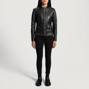 
Close-Up Detail of Band with snap button & Zipper Hardware on Women's Haley Ray Black Leather Biker Jacket