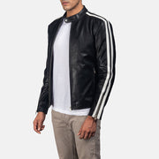
Black & White Cowhide Leather Biker Jacket - Back View Showing Tailored Shoulder Fit & Clean Hemline