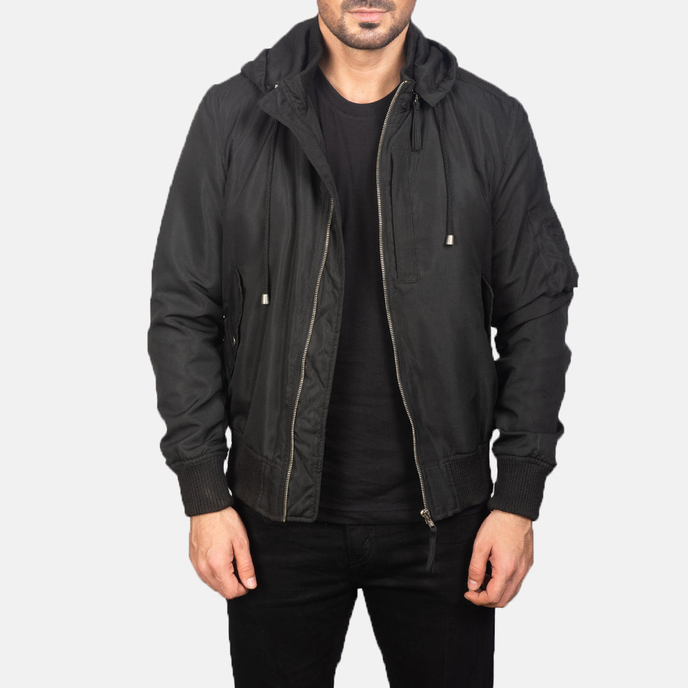 Men's Hanklin Ma-1 Black Hooded Bomber Jacket in Black Polyester - Front Profile View &amp; Tailored Silhouette | Buy Online
