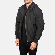 Black Polyester Bomber Jacket - Back View Showing Tailored Shoulder Fit &amp; Clean Hemline