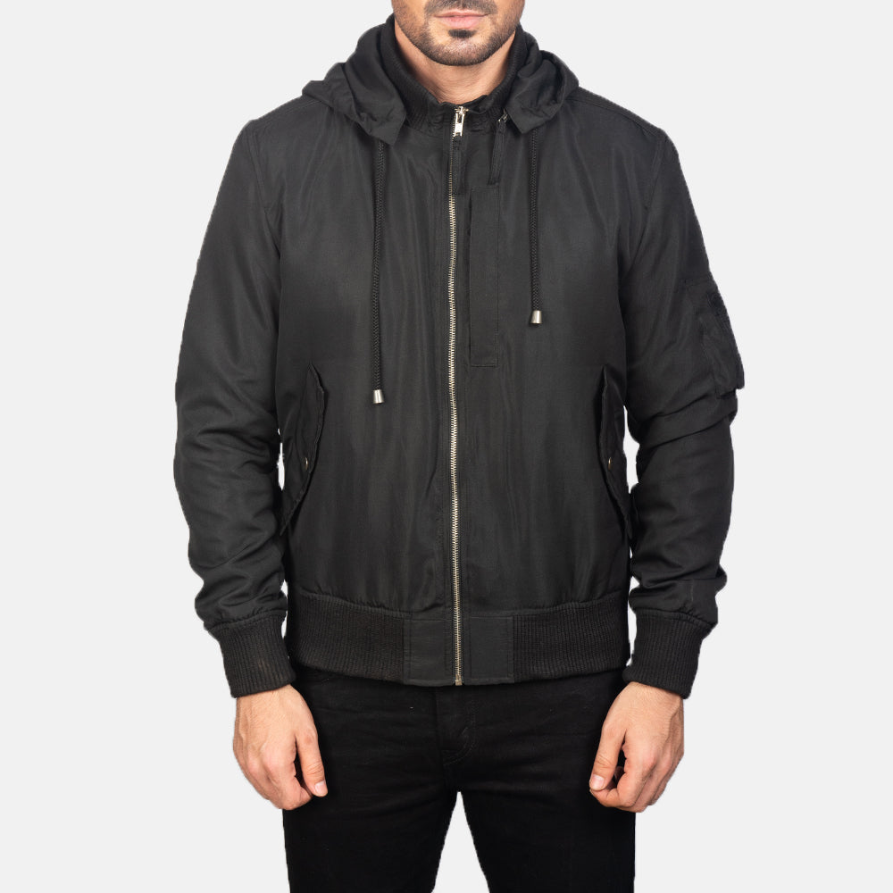 Close-Up Detail of Knit Rib with Removable Polyester Hood &amp; Zipper Hardware on Men's Hanklin Ma-1 Black Hooded Bomber Jacket