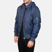Blue Nylon Bomber Jacket - Back View Showing Tailored Shoulder Fit &amp; Clean Hemline