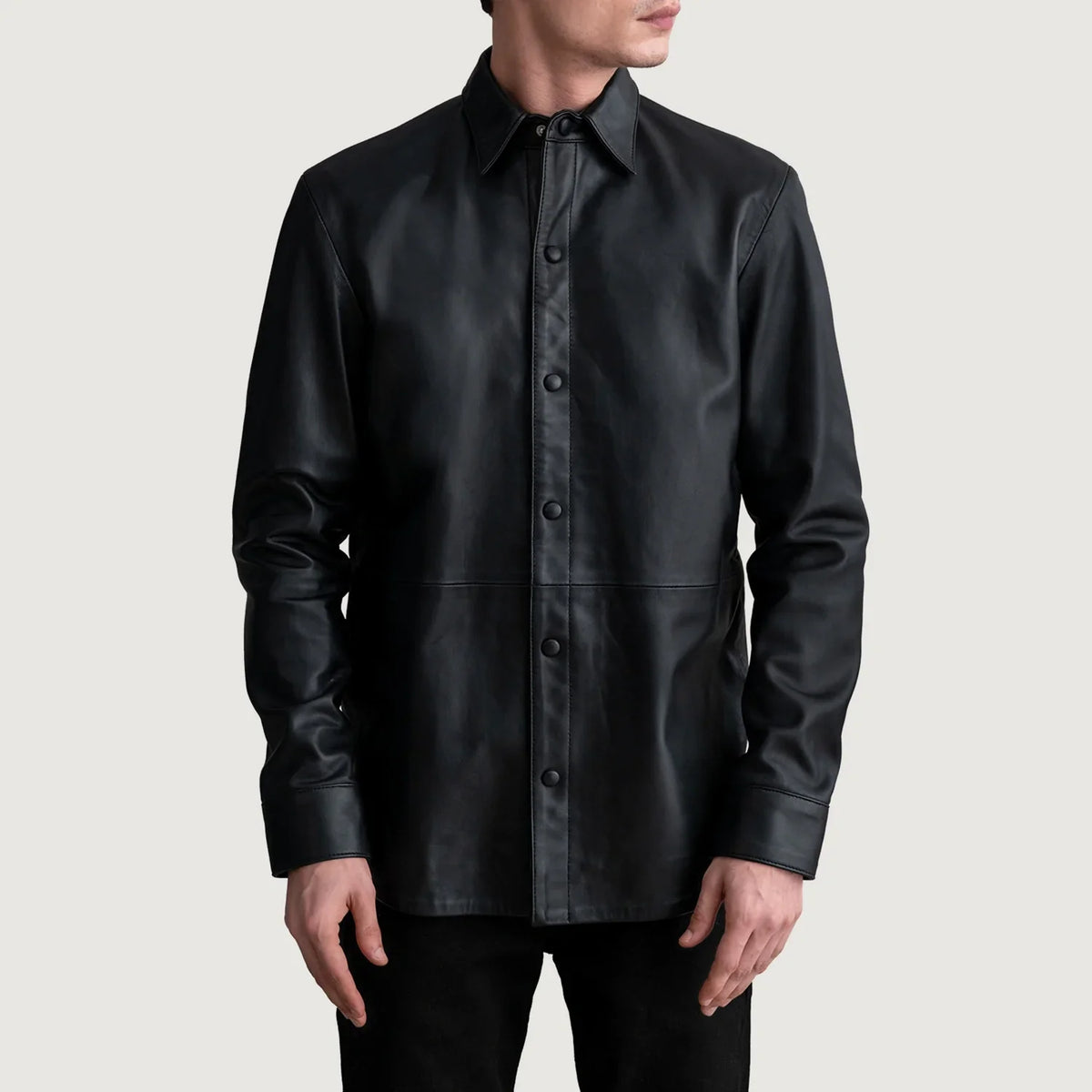
Haven Black Leather Shirt - Lateral Side Profile View Showing Sleeve Cut & Athletic Taper Fit