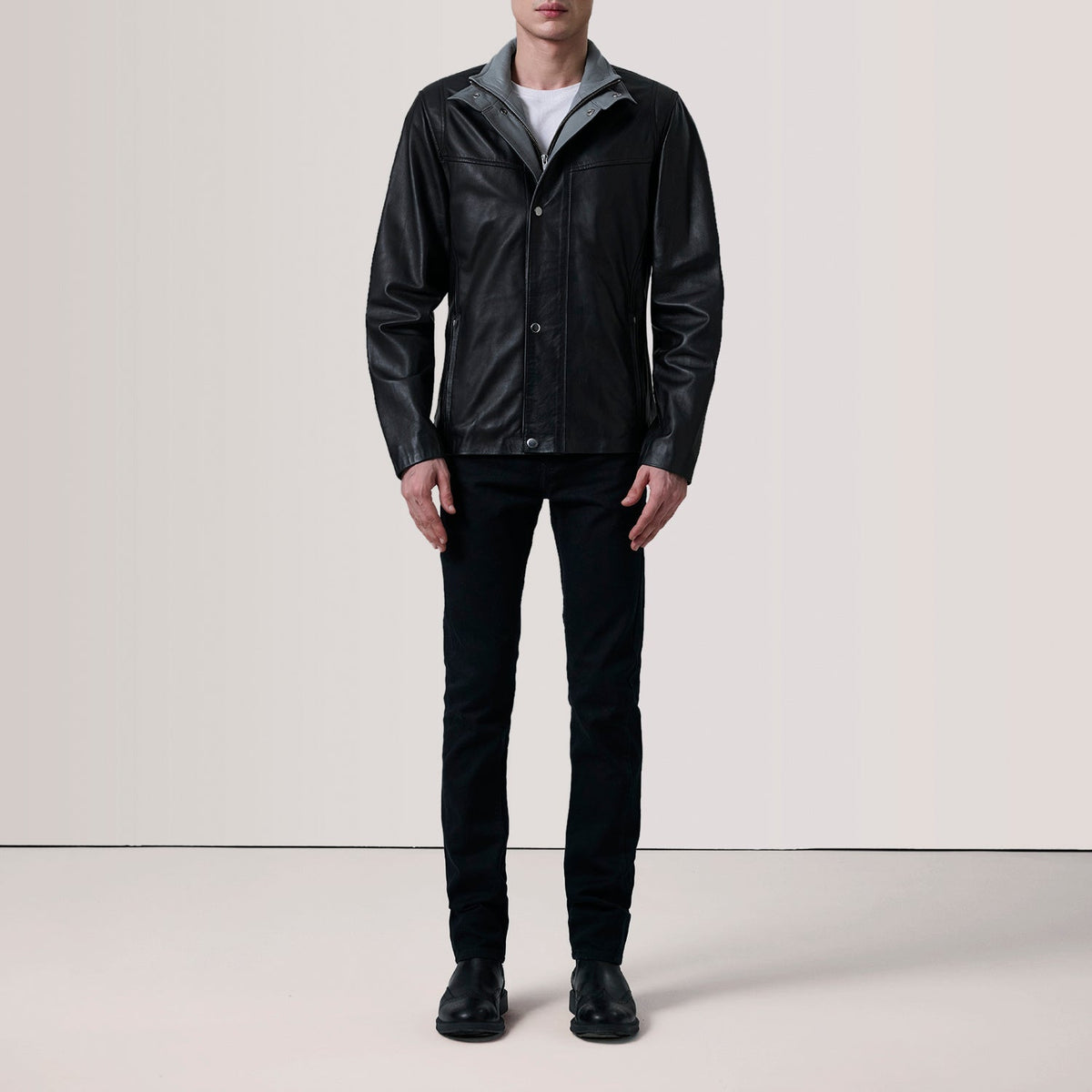 Grey Goatskin Suede Biker Jacket - Back View Showing Tailored Shoulder Fit &amp; Clean Hemline
