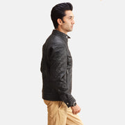 Black Sheepskin Leather Biker Jacket - Back View Showing Tailored Shoulder Fit &amp; Clean Hemline