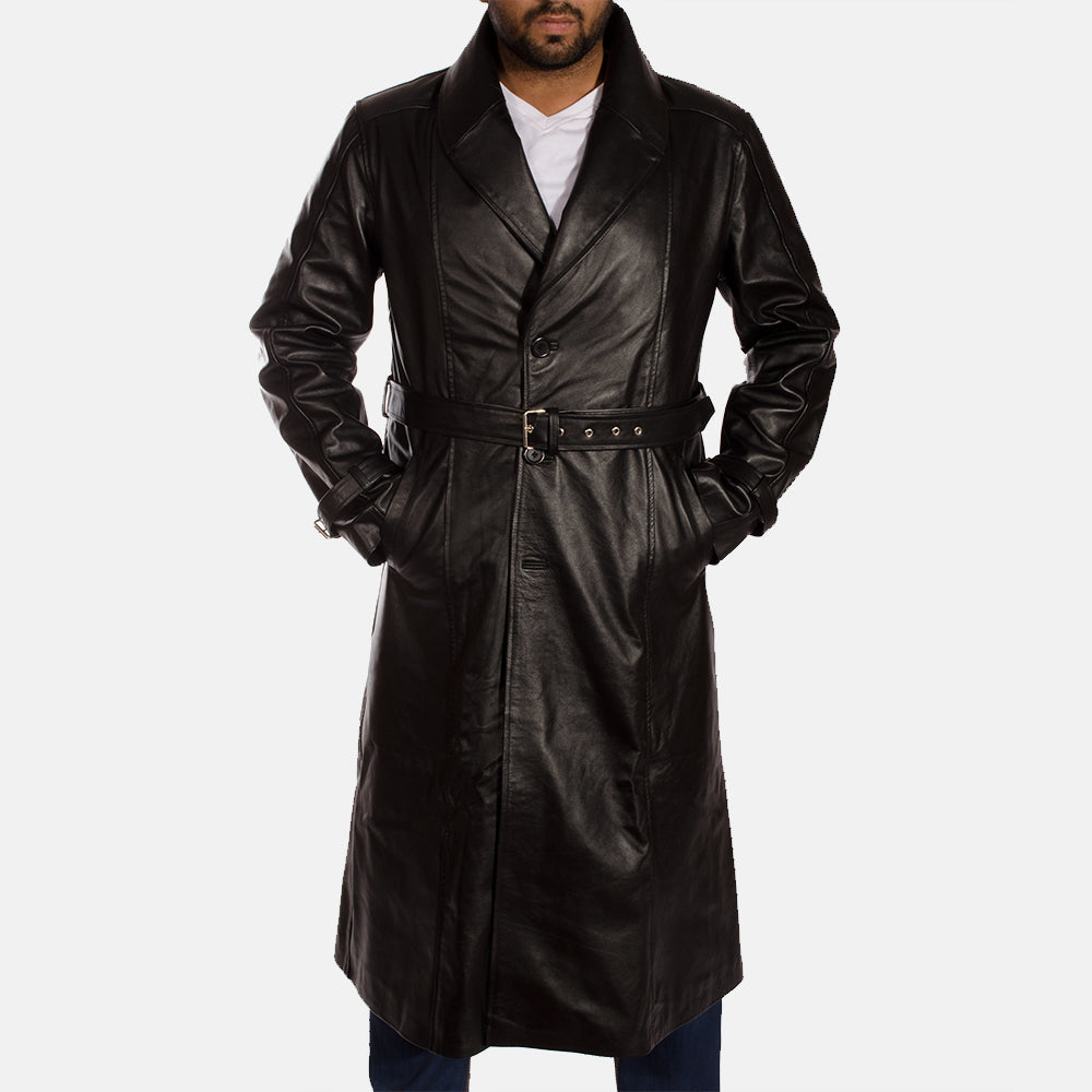 
Men's Hooligan Black Leather Trench Coat in Black Cowhide Leather - Front Profile View & Tailored Silhouette | Buy Online