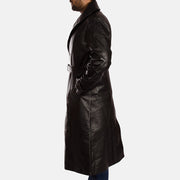 
Close-Up Detail of Notch & Button & Waist belt Hardware on Men's Hooligan Black Leather Trench Coat