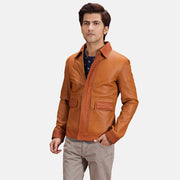Hubert Tan Brown Leather Jacket in Tan Brown Sheepskin Leather - Front Profile View &amp; Tailored Silhouette | Buy Online