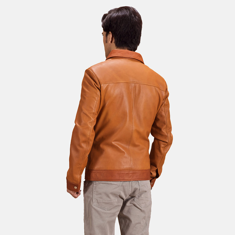 Tan Brown Sheepskin Leather Biker Jacket - Back View Showing Tailored Shoulder Fit & Clean Hemline