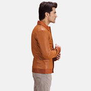 Hubert Tan Brown Leather Jacket - Lateral Side Profile View Showing Sleeve Cut &amp; Athletic Taper Fit