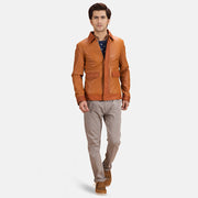 Close-Up Detail of Shirt &amp; Zipper with wind flap Hardware on Hubert Tan Brown Leather Jacket