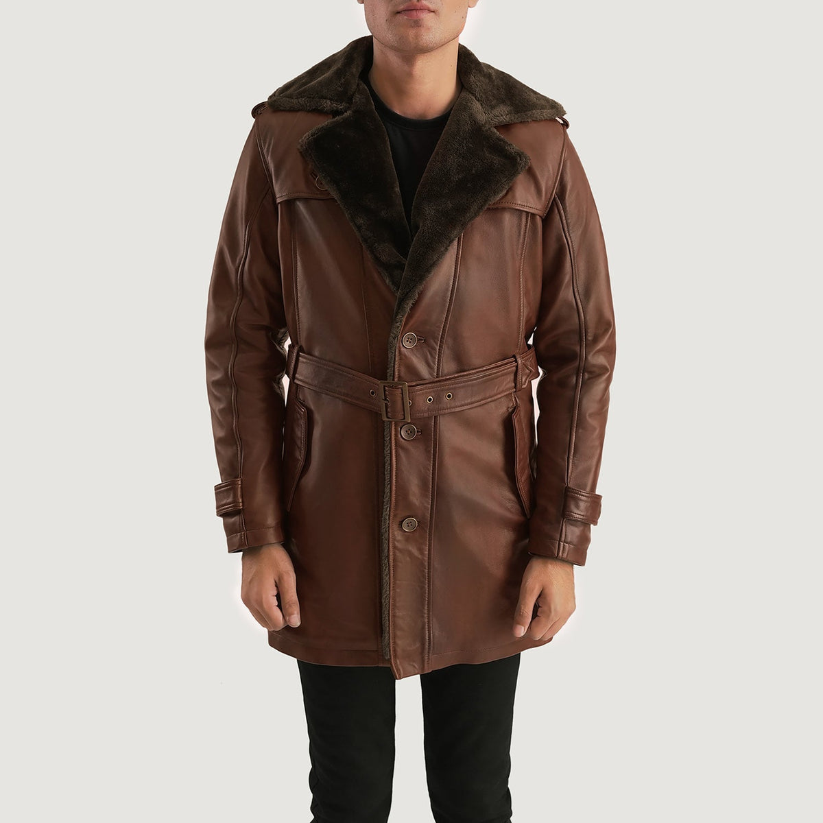 Men's Hunter Distressed Brown Fur Leather Coat in Distressed Brown Sheepskin Burnishing - Front Profile View &amp; Tailored Silhouette | Buy Online