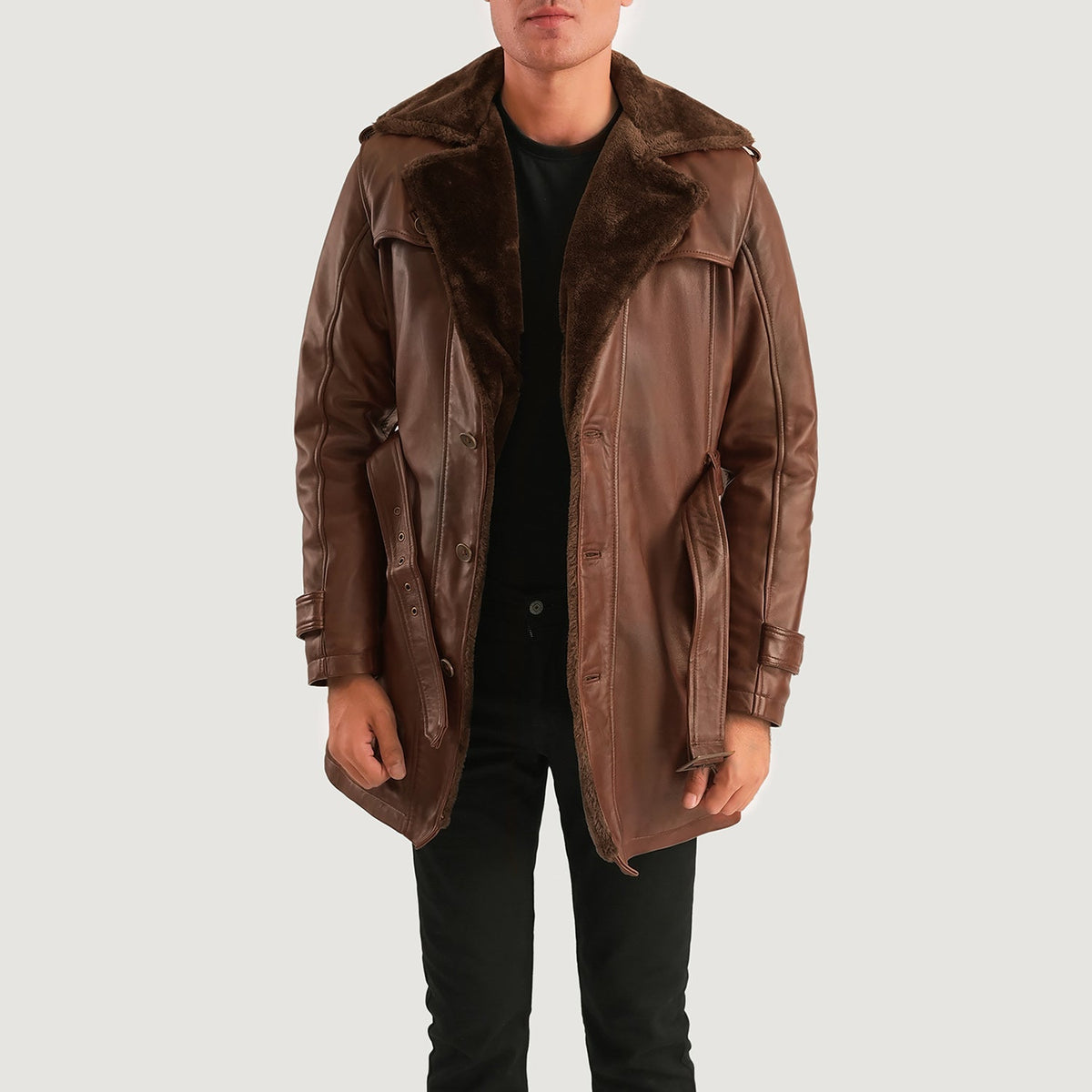Men's Hunter Distressed Brown Fur Leather Coat - Lateral Side Profile View Showing Sleeve Cut &amp; Athletic Taper Fit