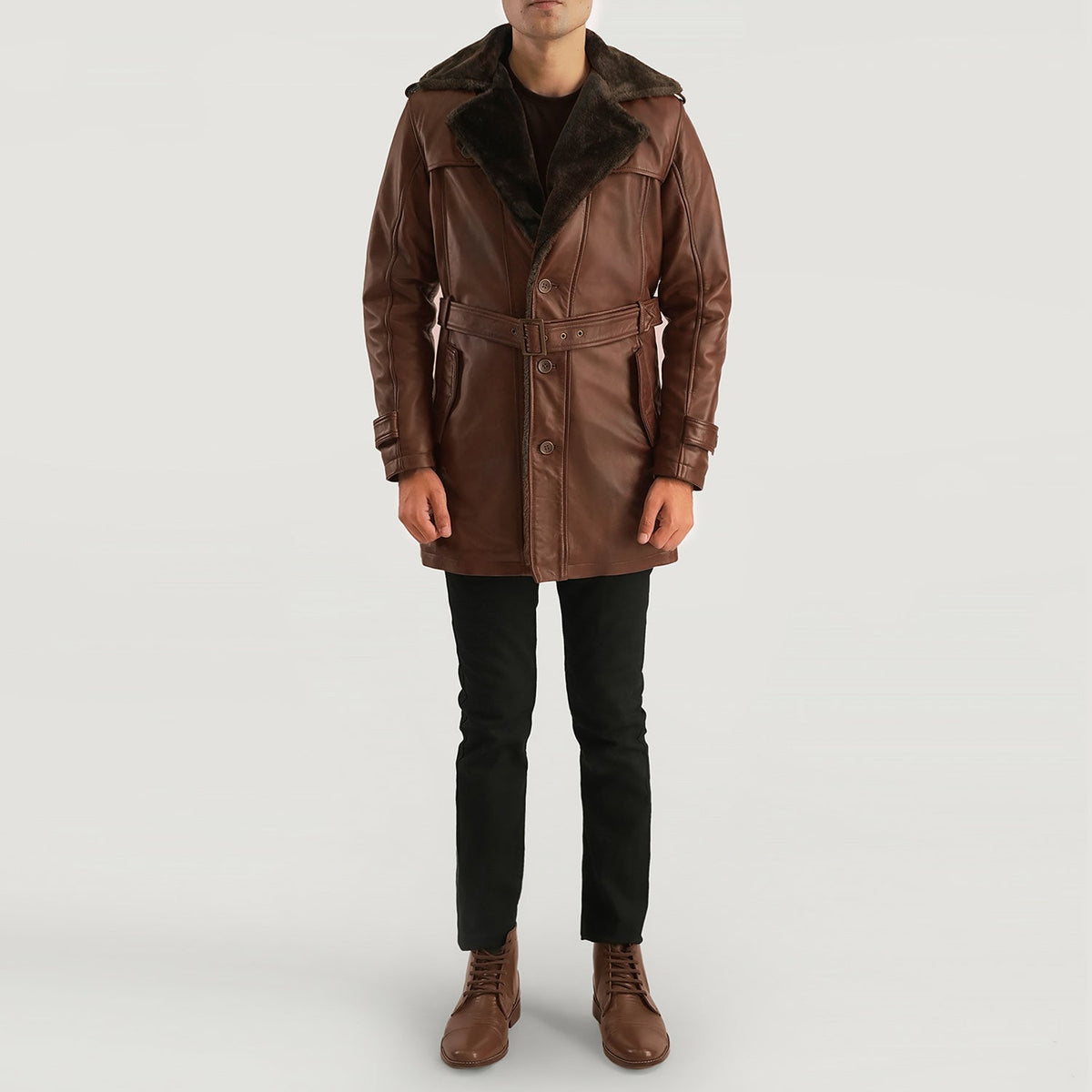 Close-Up Detail of Notch &amp; Button Hardware on Men's Hunter Distressed Brown Fur Leather Coat